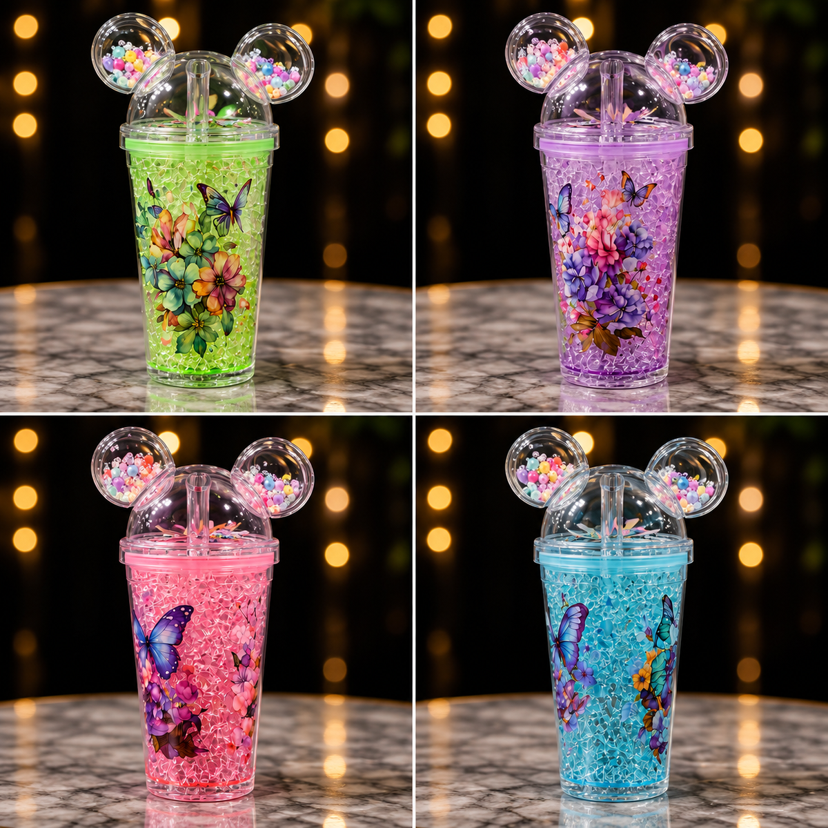 Butterfly Floral Mouse Ears Tumbler with Bead Details & Straw