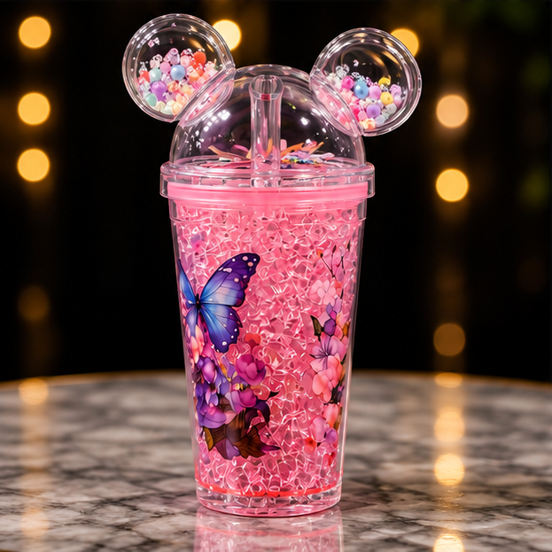 Butterfly Floral Mouse Ears Tumbler with Bead Details & Straw