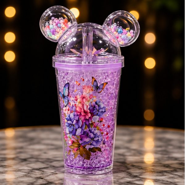 Butterfly Floral Mouse Ears Tumbler with Bead Details & Straw