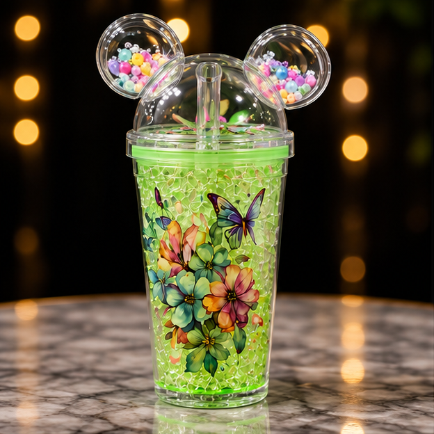 Butterfly Floral Mouse Ears Tumbler with Bead Details & Straw