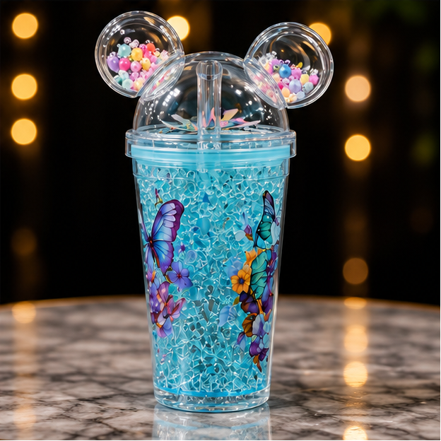 Butterfly Floral Mouse Ears Tumbler with Bead Details & Straw