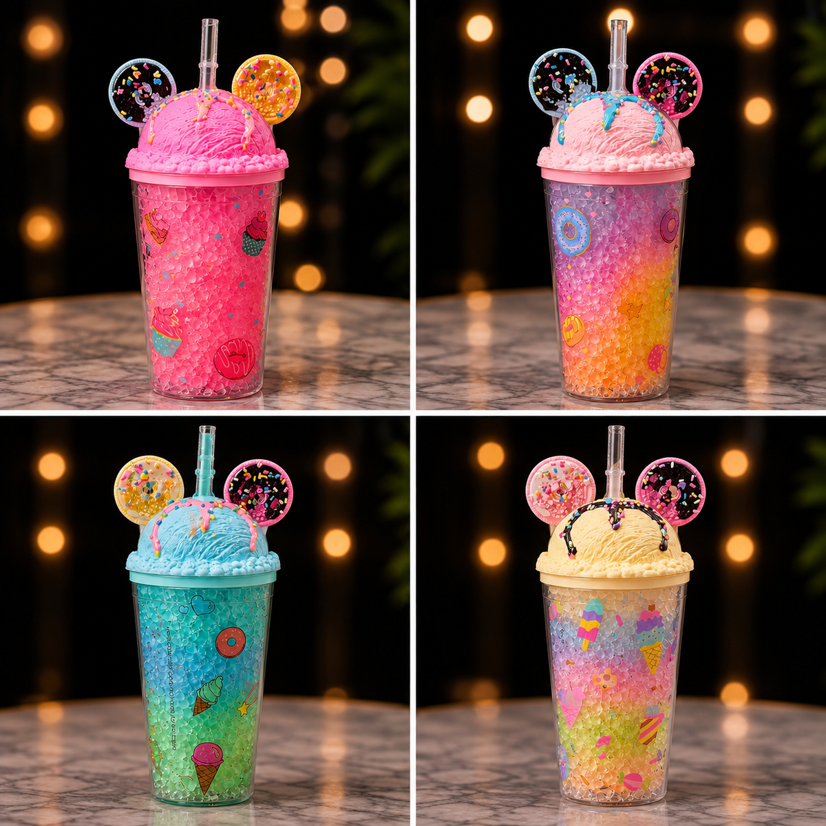 Four colorful glitter tumblers with ice cream-shaped lids and round decorative toppers, arranged in a 2x2 grid on a marble surface with warm blurred lights in the background.